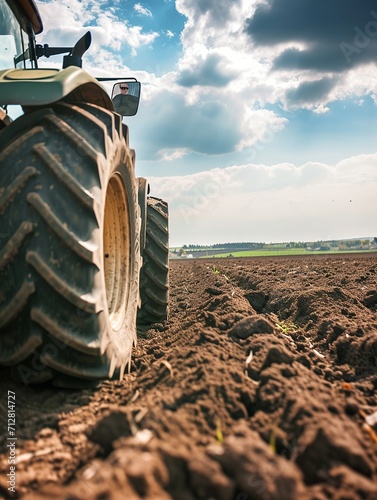 Closeup of tractor in field. photo