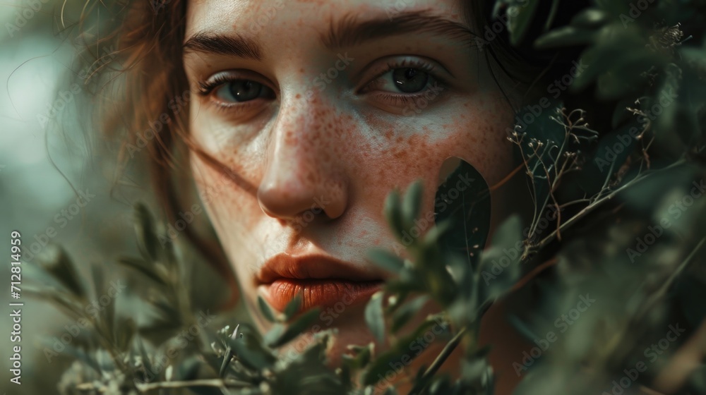 An alluring closeup of a woman with a subtle olivegreen tint to her complexion, evoking the image of Demeter, the goddess of harvest and fertility. An alluring closeup of a woman with a subtle olivegreen tint to her complexion, evoking the image of Demeter, the goddess of harvest and fertility.