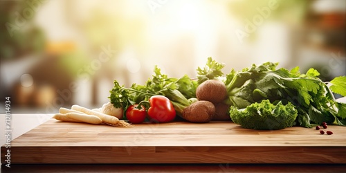 Blank wooden board in blurry kitchen with fresh vegetables.