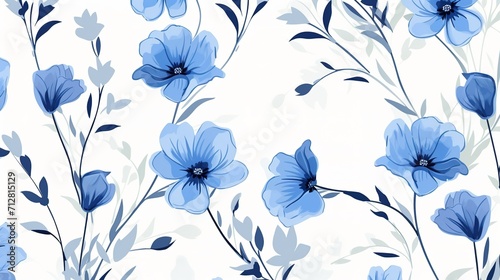 seamless pattern with blue flowers_and bud on white bac, generative ai