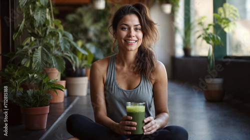a woman sitting on a yoga mat holding a smoothie