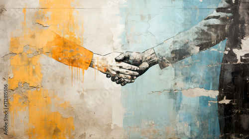 Painted hand shaking  in graffiti style on old wall with copy space