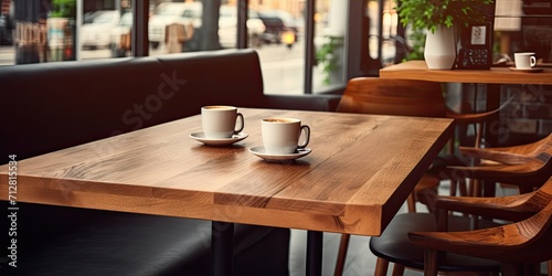 Wooden table in coffee shop, empty, for displaying products. Can be used for mock-ups.