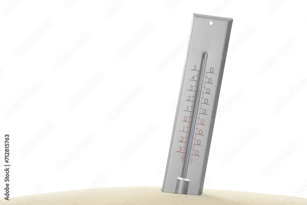 Weather thermometer in sand against white background Weather thermometer in sand against white background