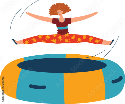 Woman with curly hair jumping on a trampoline, having fun exercising. Joyful fitness activity and workout enjoyment vector illustration.