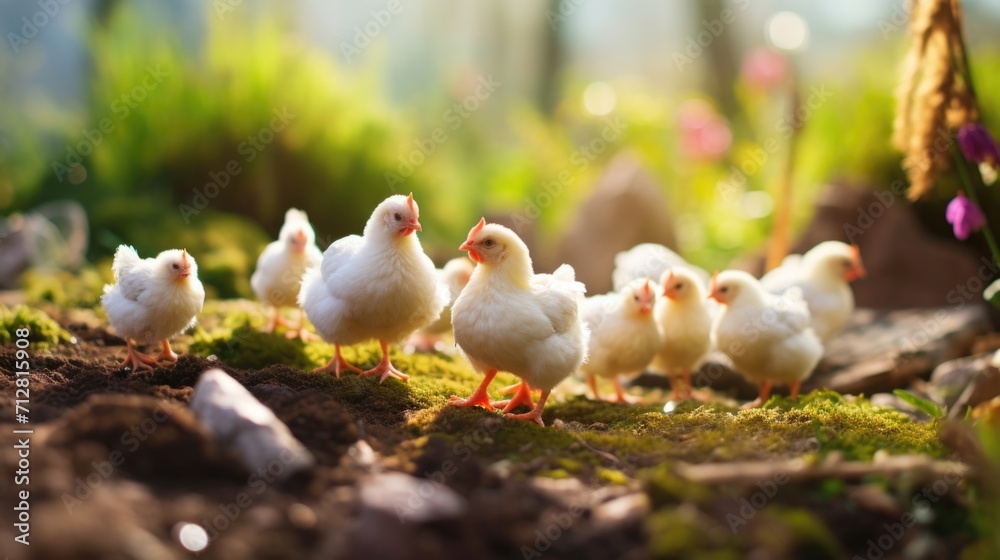 A peaceful barnyard landscape comes to life as a flock of chickens gather for their daily foraging, their comical and friendly demeanor on full display.
