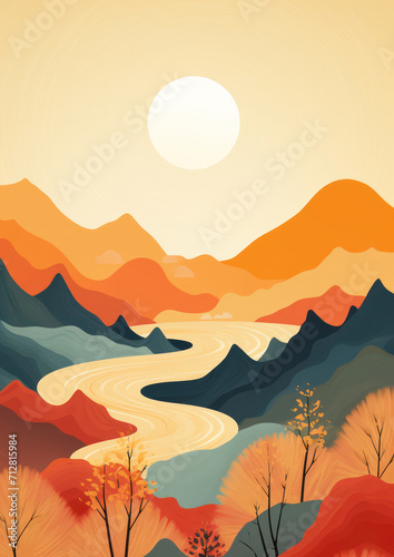 Silhouette Sunrise  Cartoon Mountain Range in Blue  Abstract Landscape Illustration.