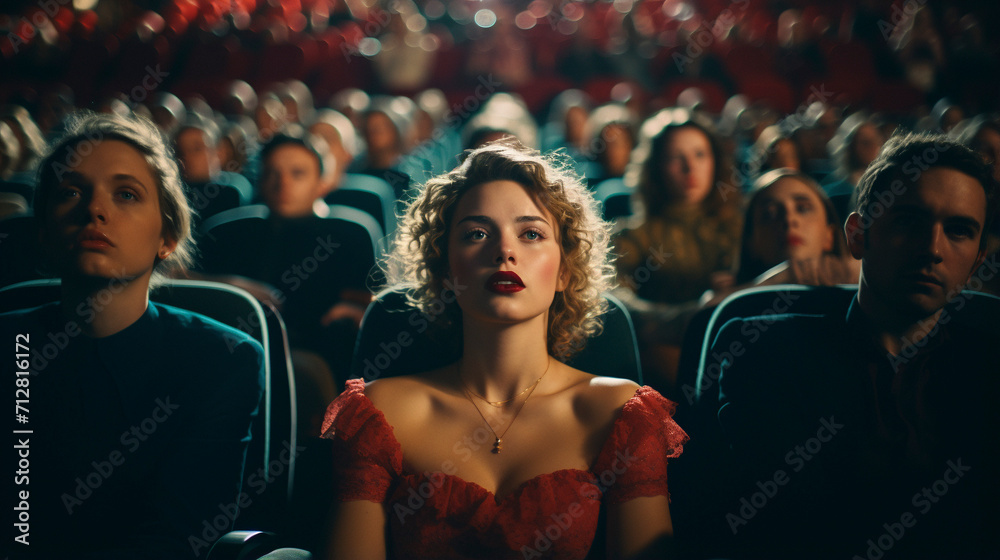 Dramatic Allure: Stunning Woman Captivated by the Theater, Generative AI - obrazy, fototapety, plakaty 