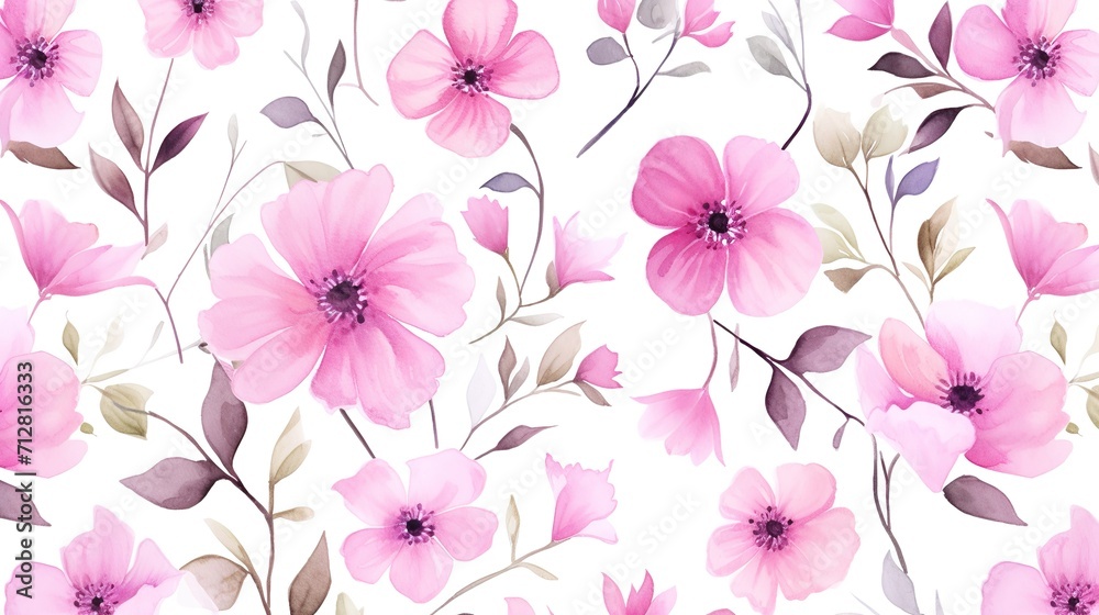 watercolor seamless pattern with pink flowers generative ai