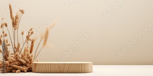 Minimal wooden stand with dry plants on light beige background, serving as a podium for branding and packaging presentation. photo