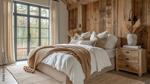 interior showing farmhouse comfortable bedroom in soft cream and brown with natural textures, wood, and bedding with no people 
