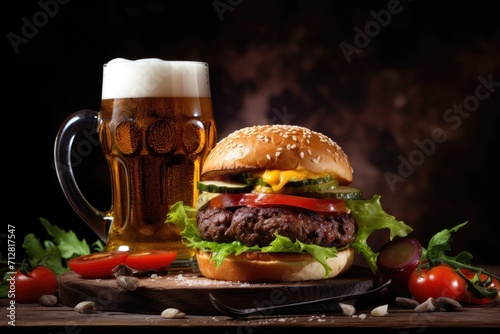 Gourmet Cheeseburger with Fresh Beer on Wooden Table
