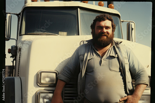 Confident Bearded Truck Driver Standing by White Semi