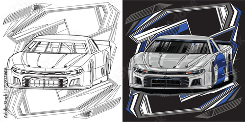 Outline and painted racing car. Isolated in black background, for t-shirt design, print, and for business purposes.