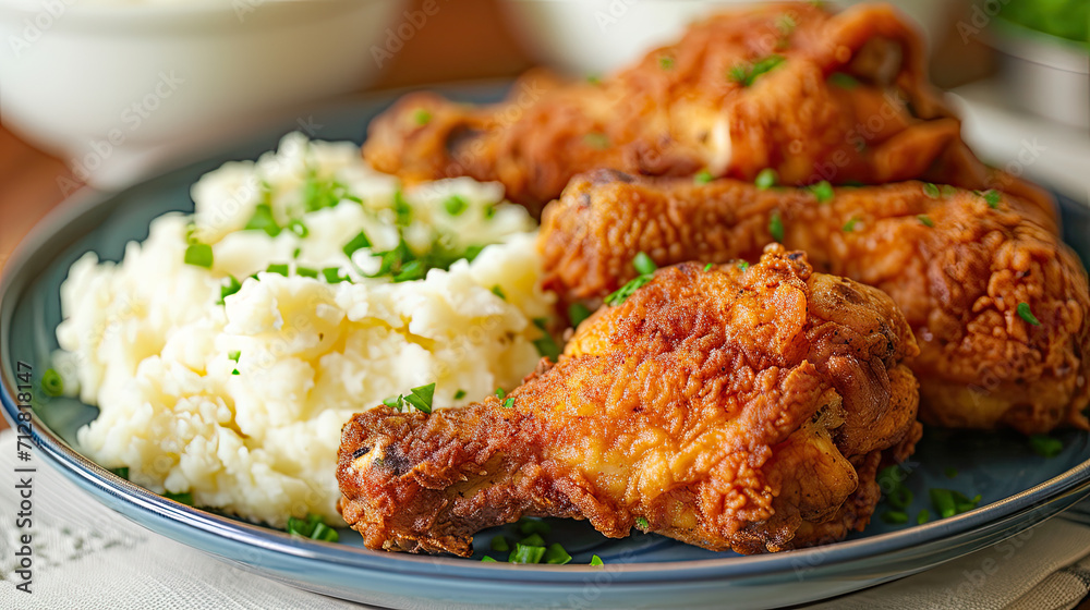 plate of fried chicken and mashed potatoes sprinkled with chives plate of fried chicken and mashed potatoes sprinkled with chives