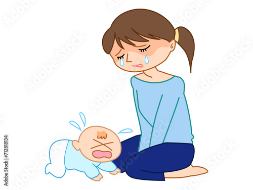 産後不安と育児うつで苦しむ母親のイラスト