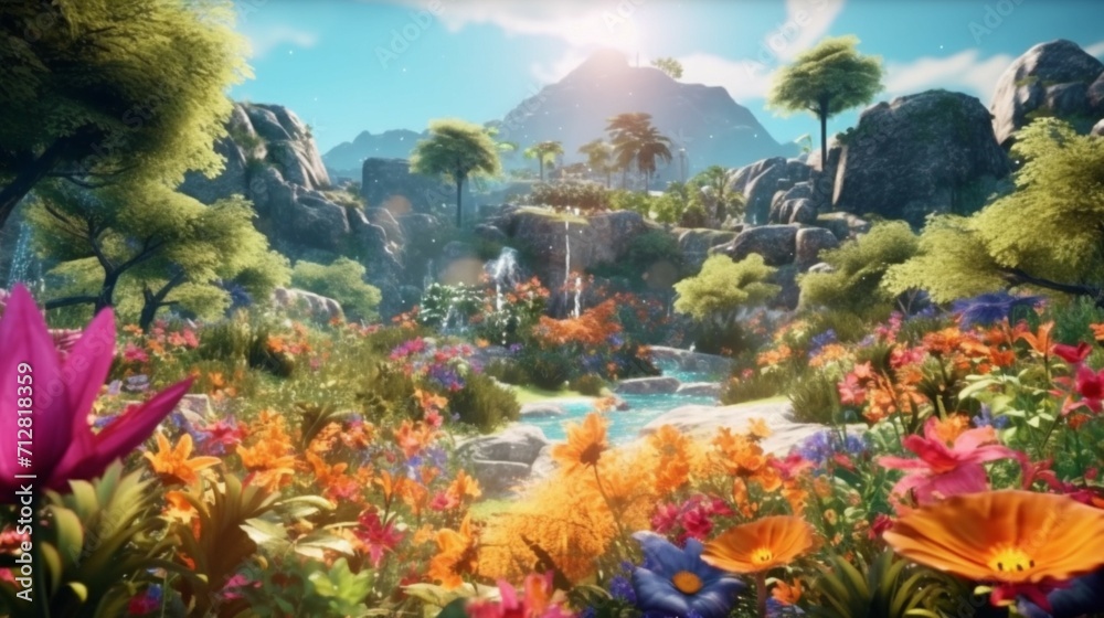 Paradise land with beautiful garden waterfall and floor Ai Generative