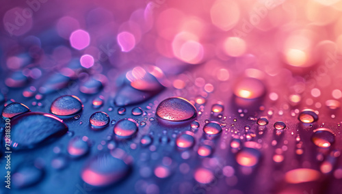 Bright background, transparent water drops on smooth colorful surface, abstract background