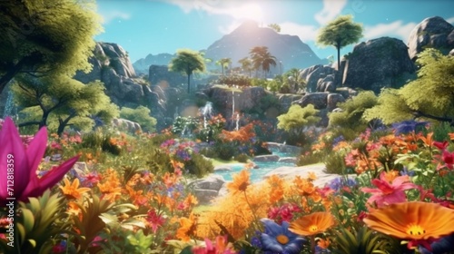 Paradise land with beautiful garden waterfall and floor Ai Generative
