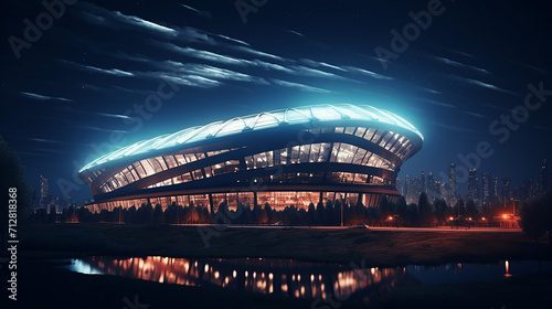 football stadium 3d in lights at night render
