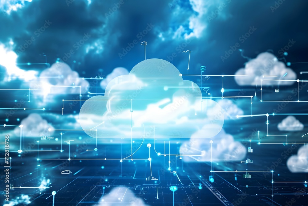 Digital illustration of cloud computing networks with glowing cloud icons and data flow pathways