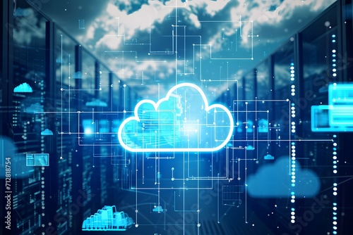 Digital illustration of cloud computing networks with glowing cloud icons and data flow pathways