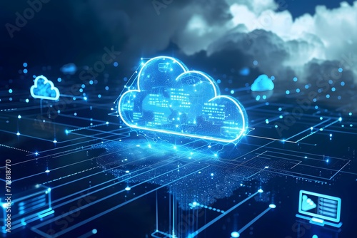 Digital illustration of cloud computing networks with glowing cloud icons and data flow pathways