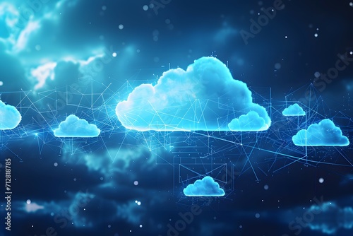 Digital illustration of cloud computing networks with glowing cloud icons and data flow pathways photo