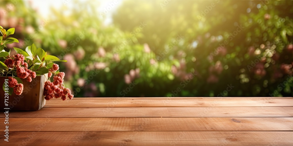 Wooden table over garden background for product presentation.