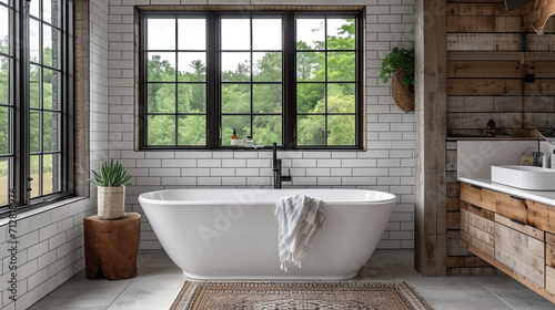 modern farmhouse with natural Scandinavian design elements bathroom with large free standing tub