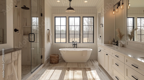 modern farmhouse with natural Scandinavian design elements bathroom with large free standing tub