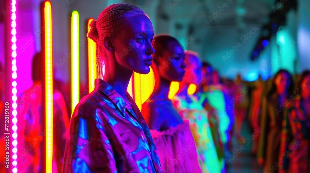 A sea of vibrant colors floods the fashion runway as models show off their neon ensembles