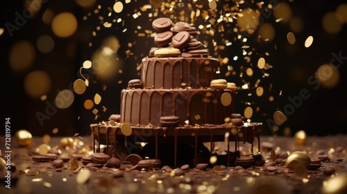 A meticulously staged shot unveils a delightful arrangement of chocolate gelt tered amidst tered  golden confetti  evoking a festive  joyous atmosphere thats almost palpable.