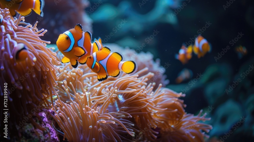 Obraz premium A colorful school of clownfish weaving in and out of a neon orange sea anemone just like in Finding Nemo