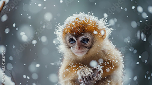 cute small monkey playing in snow