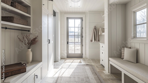 modern farmhouse with natural Scandinavian design elements of bright open flow white mudroom with tons of storage and a long bench