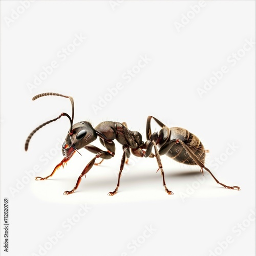 Macro shot of an ant, detailed exoskeleton, antennae, six legs, light shadow on white background, insect close-up, entomology study © Matthew