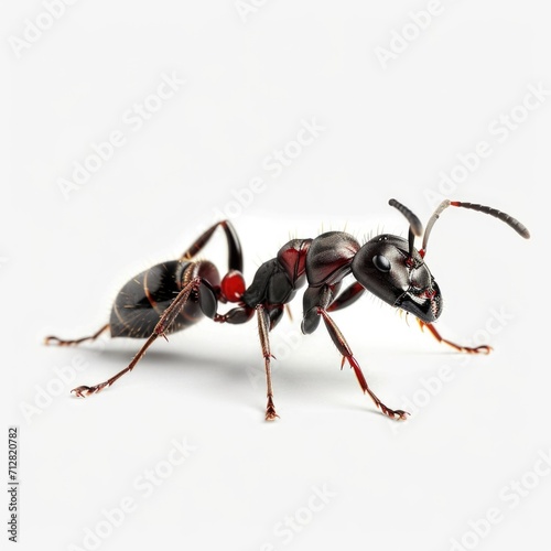 Red and black ant, high-definition, anatomical features visible, metallic sheen, isolated on white background, poised stance, entomology subject.   © Matthew