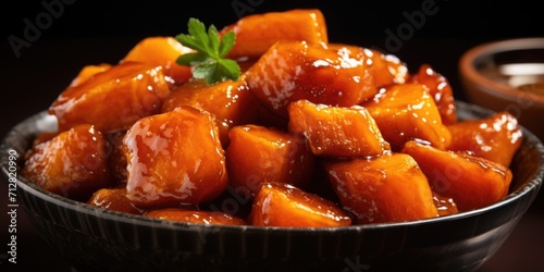 The camera captures a side angle shot of a heaping serving of candied yams, revealing the velvety texture of the caramelized yams, delicately coated in a rich, honeytinged glaze.