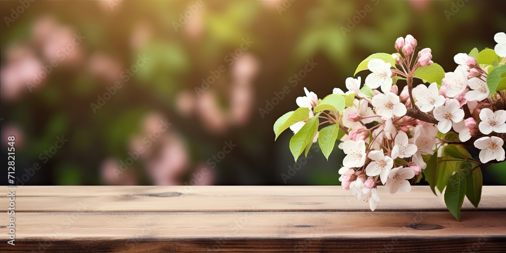 Springtime backdrop with a bare wooden table and blooming apple tree. Springtime backdrop with a bare wooden table and blooming apple tree.