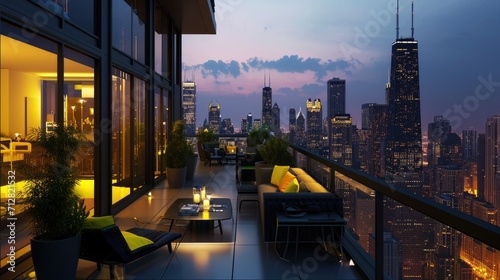 Dusk Skyline View from Luxury Balcony with Modern Design and Ambient Light © Matthew