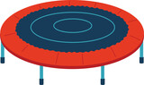 Red and blue round trampoline with safety padding isolated on white. Recreational jumping equipment for kids and sports vector illustration.