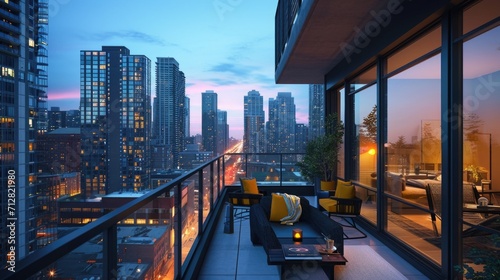 Urban Twilight: High-Rise Balcony Overlooking Cityscape with Modern Comforts © Matthew
