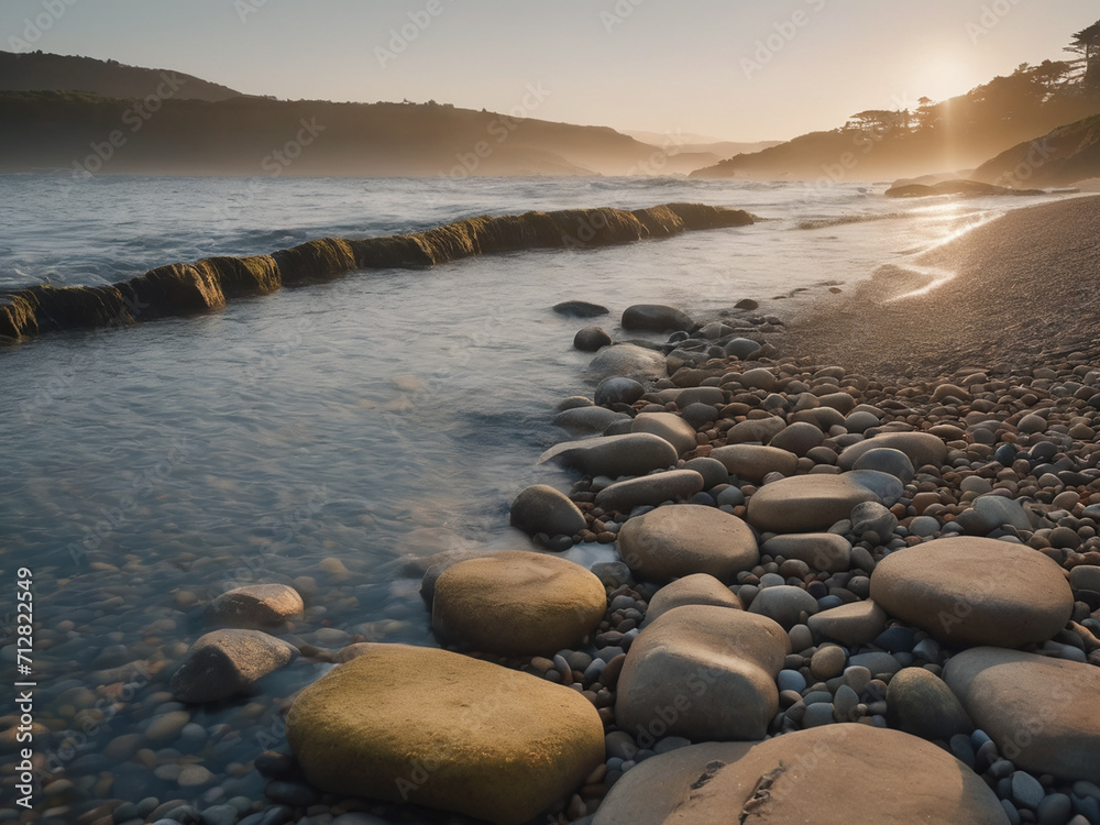 A calm pebble beach seascape showing a river flowing into the sea, including groyne - generated by ai A calm pebble beach seascape showing a river flowing into the sea, including groyne - generated by ai