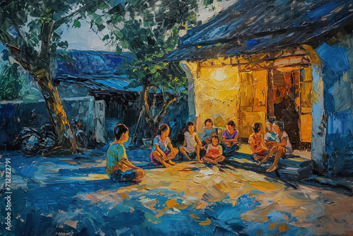 Oil painting of children playing on the front porch in the countryside © cuong
