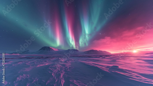 Aurora bursts out of Milky Way stars under dreamy starry sky, night winter landscape and aurora concept illustration