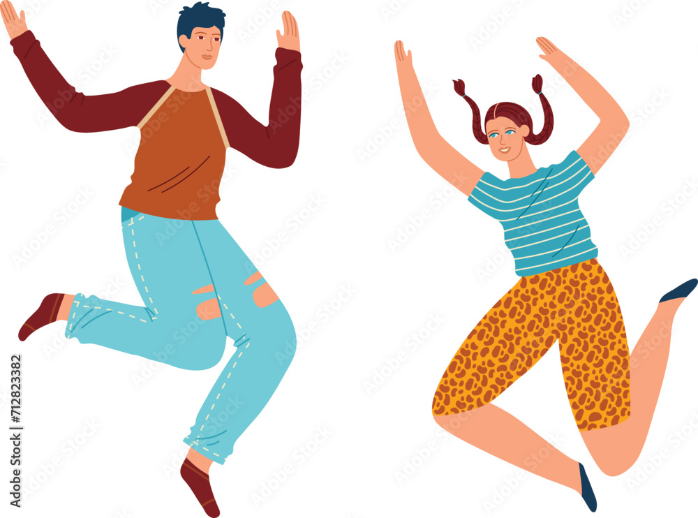 Jumping young man and woman in casual clothes. Happy couple with joyful expressions celebrating. Joy and energy, cheerful friends jumping vector illustration.