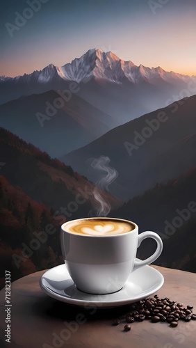 A cup of coffee and beans on wooden table with mountains in the background