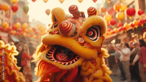 Traditional Chinese lion dance performed during Lunar New Year celebrations. Cultural heritage.