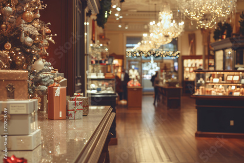 An upscale boutique adorned with Christmas decorations, sparkling lights, and gifts, creating a luxurious holiday shopping experience. photo